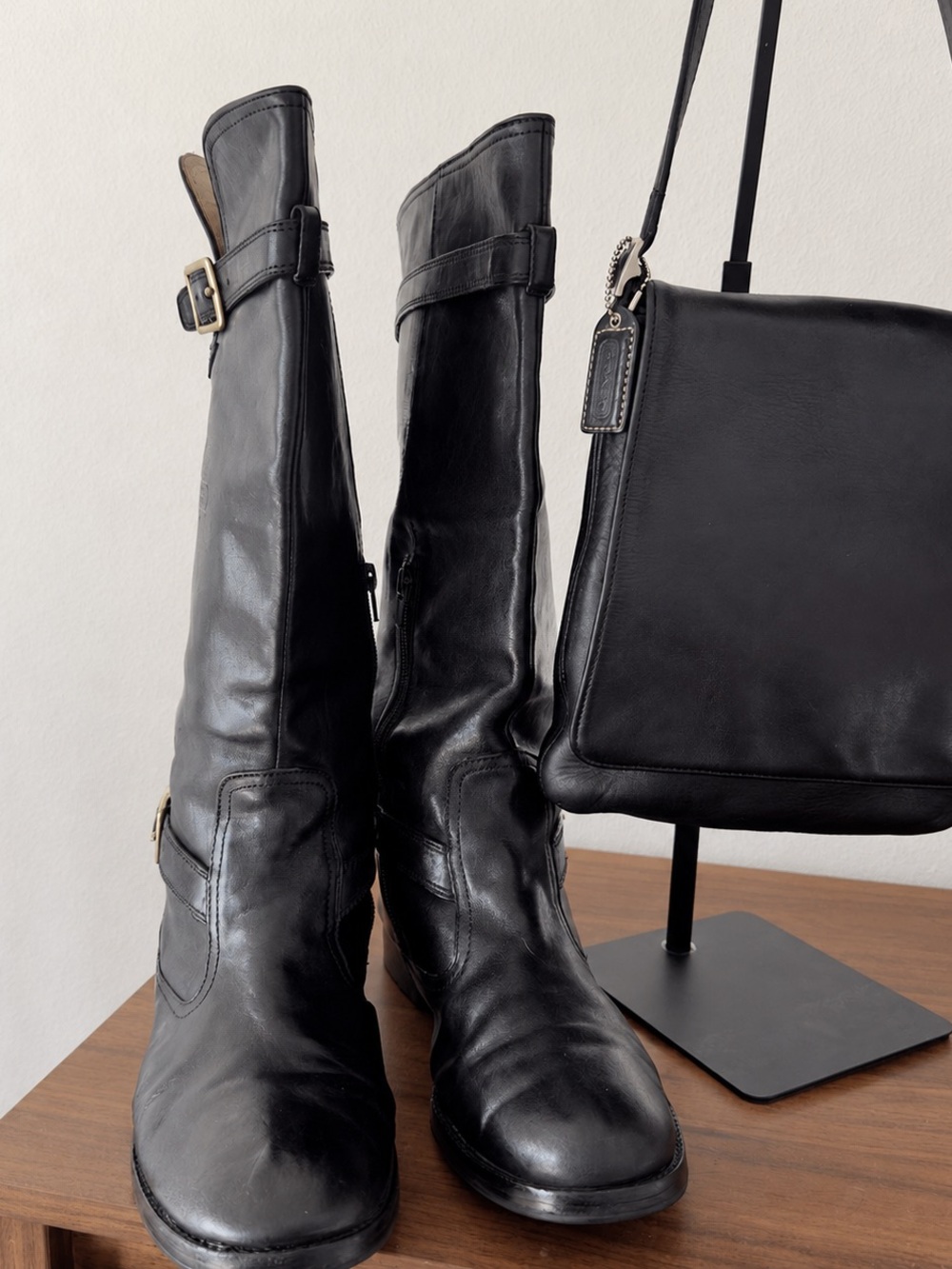 SET Vintage Coach Black Leather Bag 9408 & Knee High Moto Boots Set Size 9